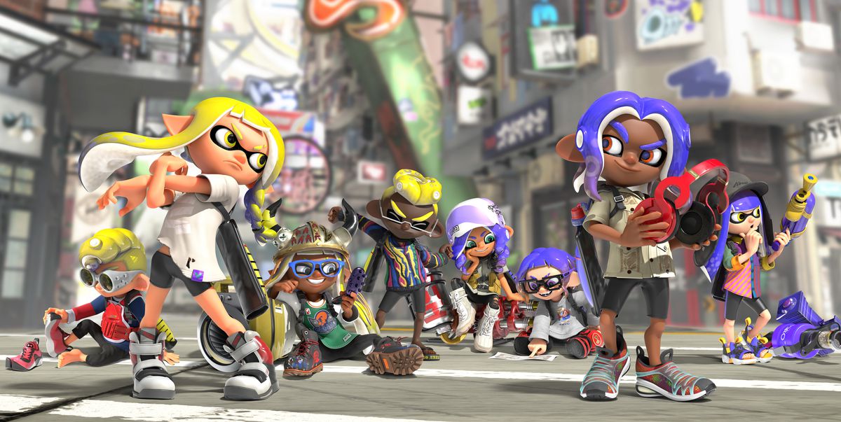 在 Splatoon 3 的艺术作品中，Inklings 和 Octolings 在城市街道上对峙